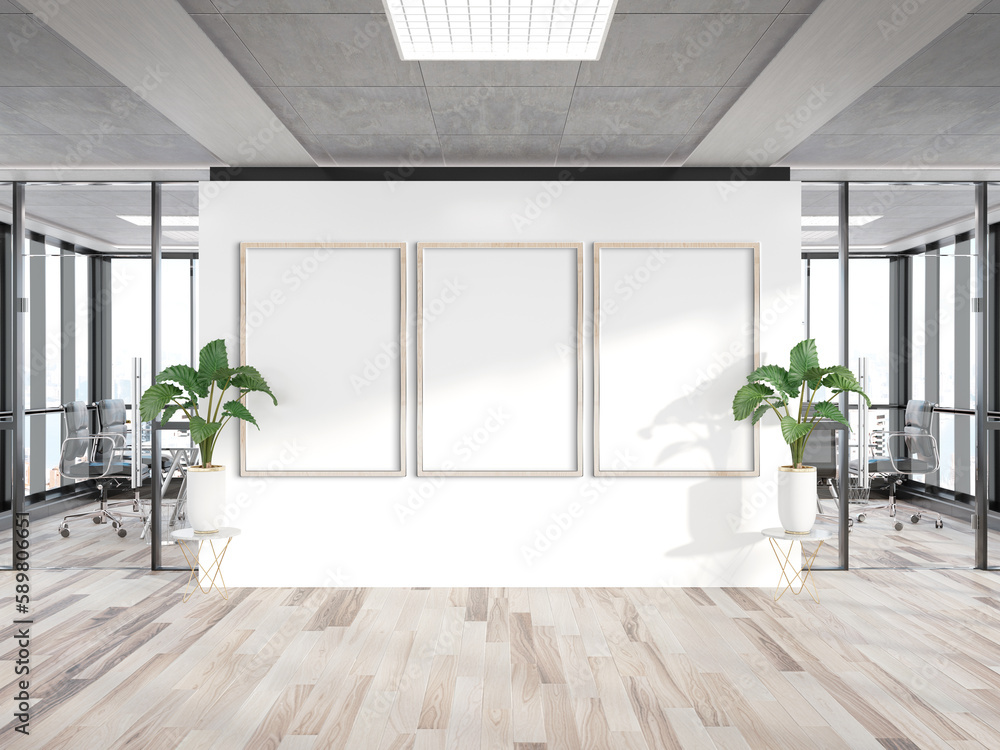 Three vertical frames Mockup hanging on wall. Mock up of billboards in modern wooden office interior