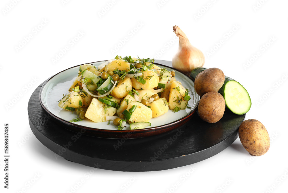 Plate of tasty Potato Salad with vegetables on white background