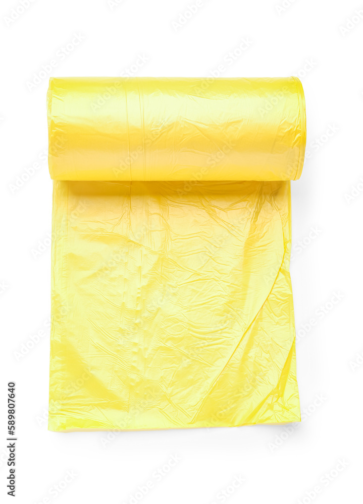 Yellow roll of garbage bags isolated on white background