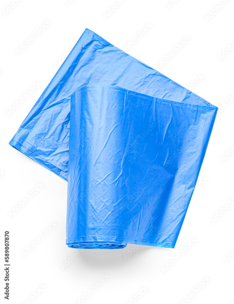 Blue roll of garbage bags isolated on white background