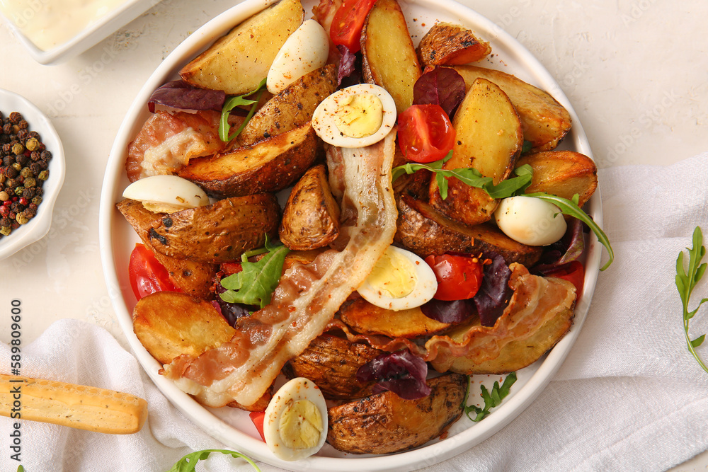 Plate of tasty potato salad with eggs, tomatoes and bacon on table