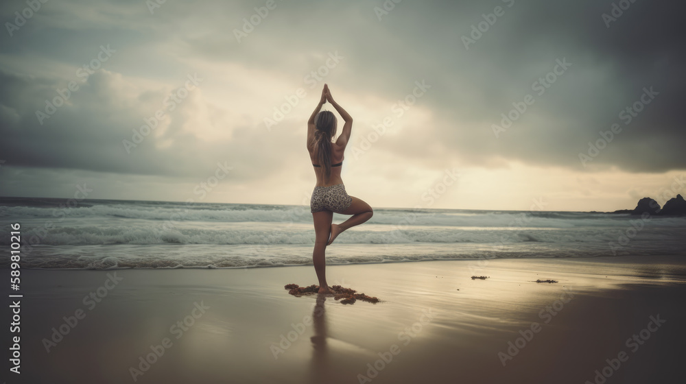 Woman practicing yoga at seashore. Generative AI