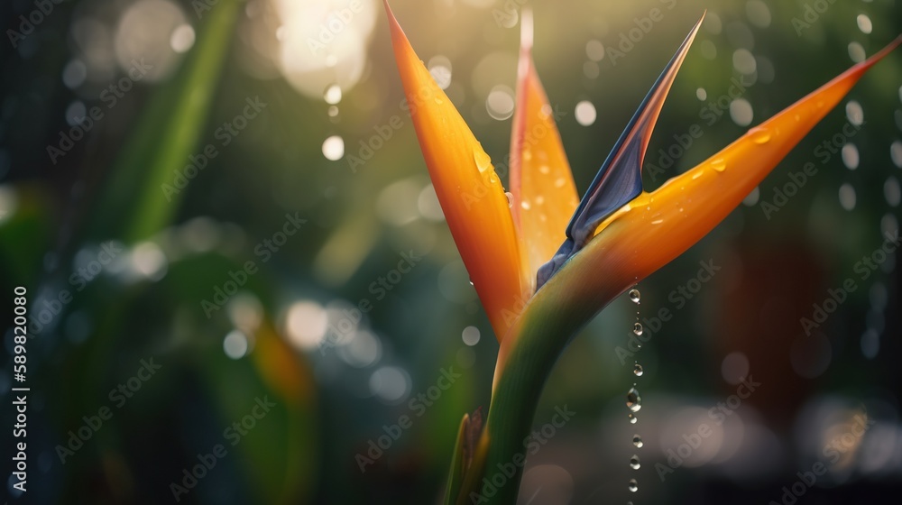 Closeup of Strelitzia reginae tropical plant leaves with rain drops. Green natural backdrop. Generat