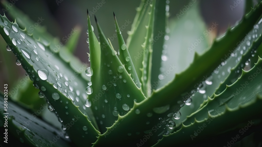 Closeup of aloe tropical plant leaves with rain drops. Green natural backdrop. Generative AI