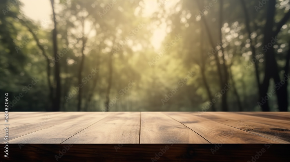 Wood table mockup with scenic green forest on background. Empty copy space for product presentation.