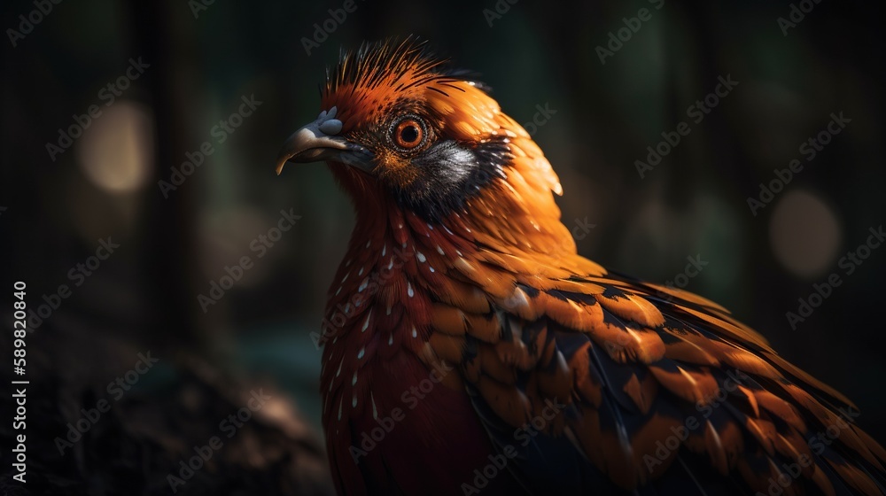 Golden pheasant close up with forest background. Generative AI