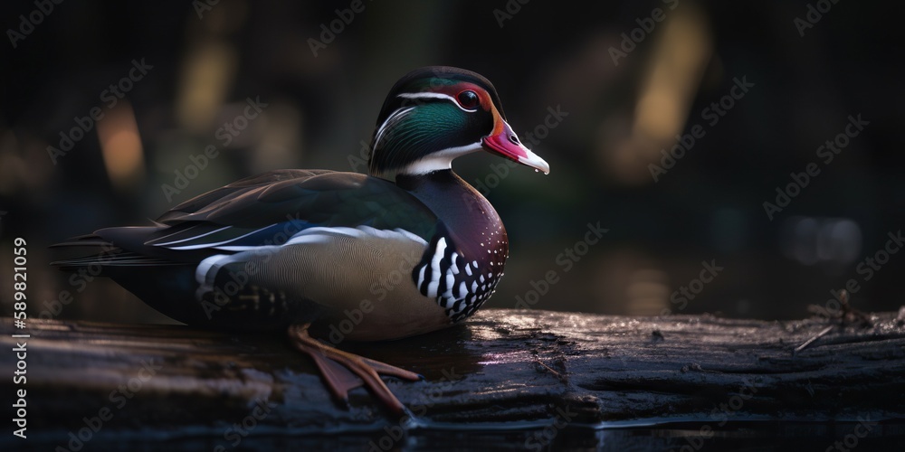 A wood duck bird portrait. Blurry background. Generative AI