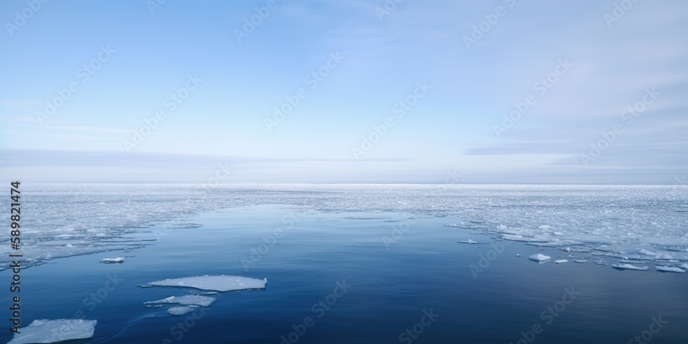 Winter sea landscape with floating ice fragments on still cold water. Generative AI