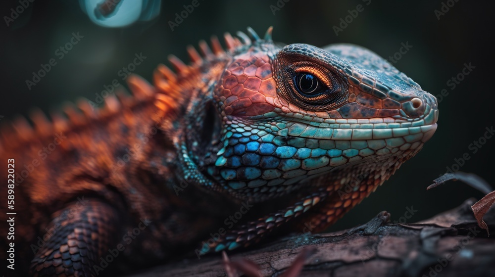 Colorful forest lizard on a tree bark in forest. Generative AI