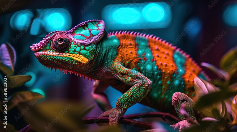 Colorful chameleon isolated on leaves background. Lizard on the green leaves. Generative AI