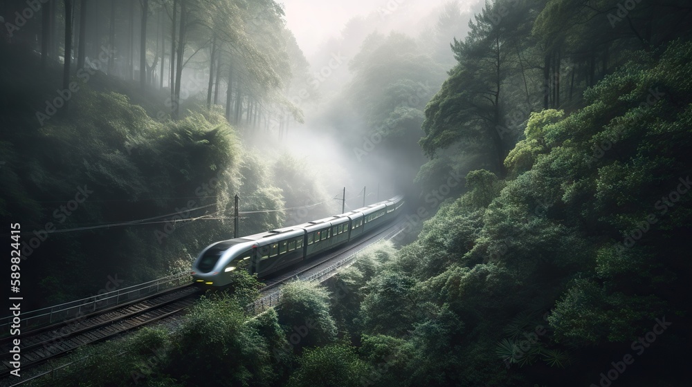 Speed passenger train moving in the mist mountains covered with forest. Generative AI