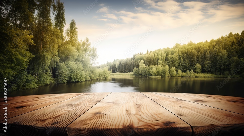 Wood table mockup with river in forest on background. Empty copy space for product presentation. Gen