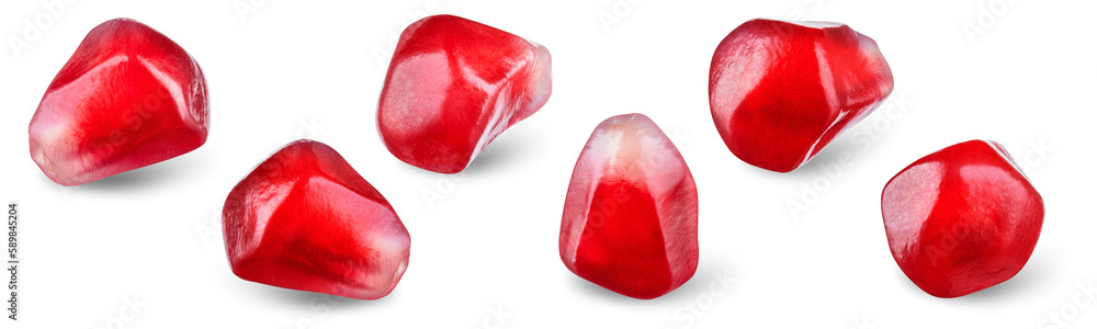 Pomegranate seeds isolated. Pomegranate grains collection on white background. Flat lay pomegranate 