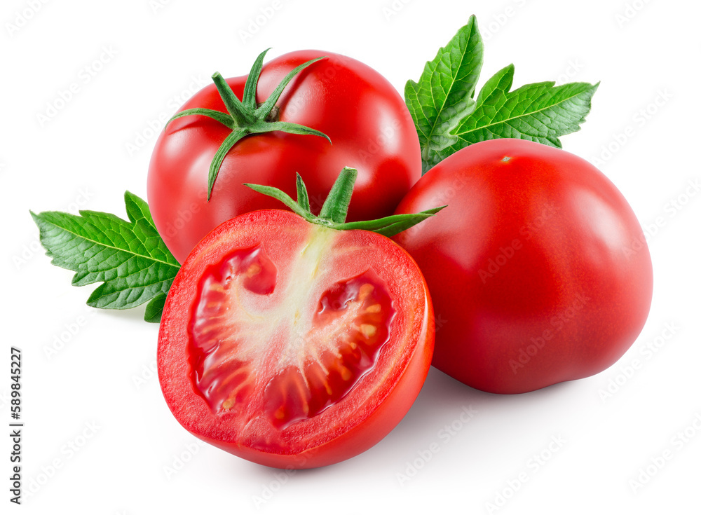 Tomato isolated. Tomatoes with leaf on white background. Tomato, leaves and a half side view composi