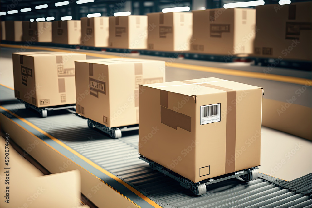 Mobile robot transporting a box in a warehouse. Automated retail warehouse AGV robots delivering car