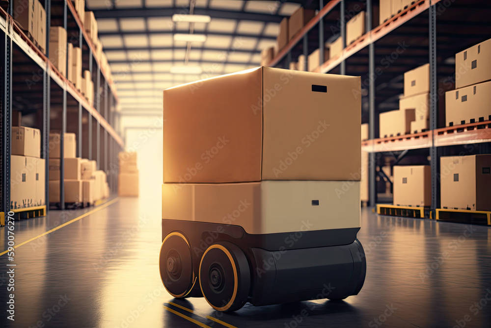 Mobile robot transporting a box in a warehouse. Automated retail warehouse AGV robots delivering car