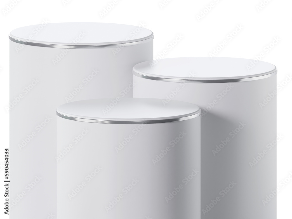 White clean cylinder podium and silver product display, 3d rendering