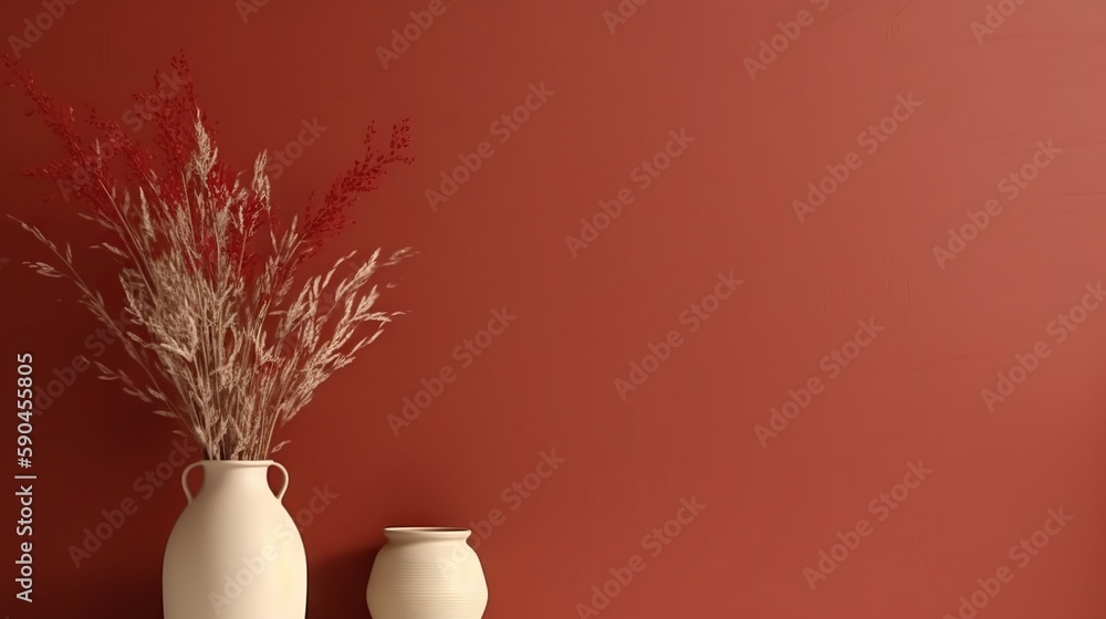 Vase with decorative plant branch against red wall background. Minimalist interior mockup. Generativ