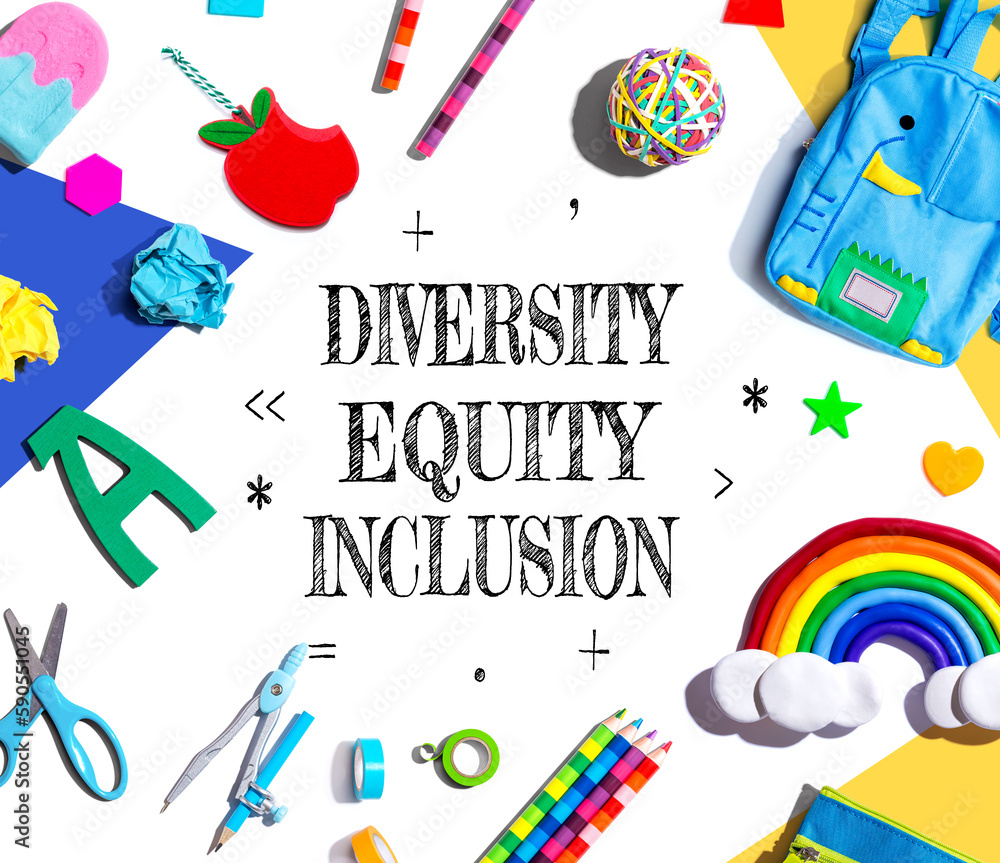 Diversity, Equity and Inclusion theme with school supplies overhead view - flat lay