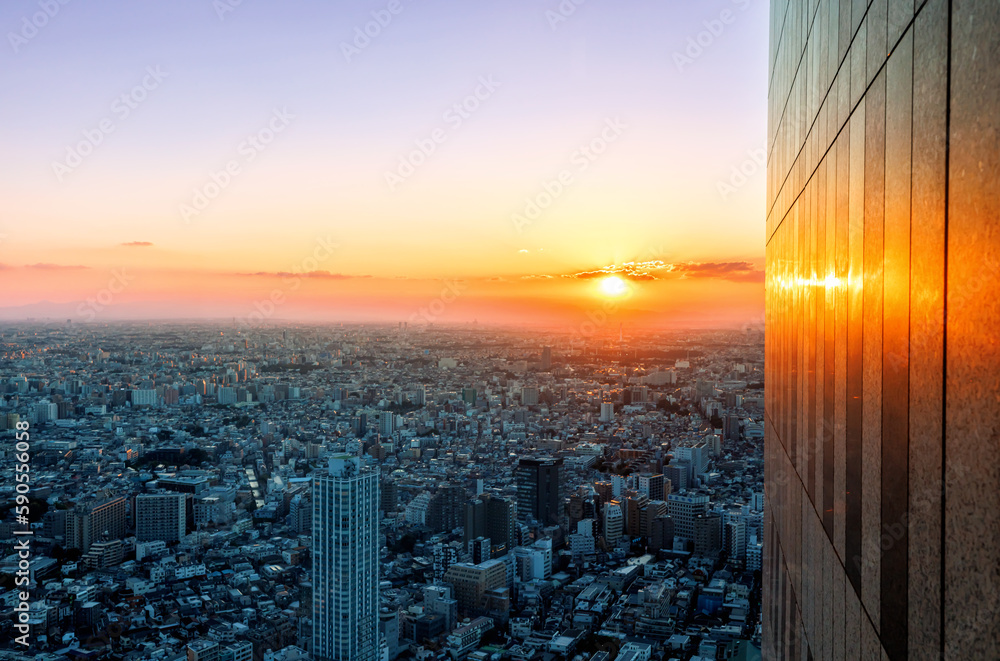 Skyscrapers towering over the cityscape of Nishi-Shinjuku, Tokyo, Japan at sunset