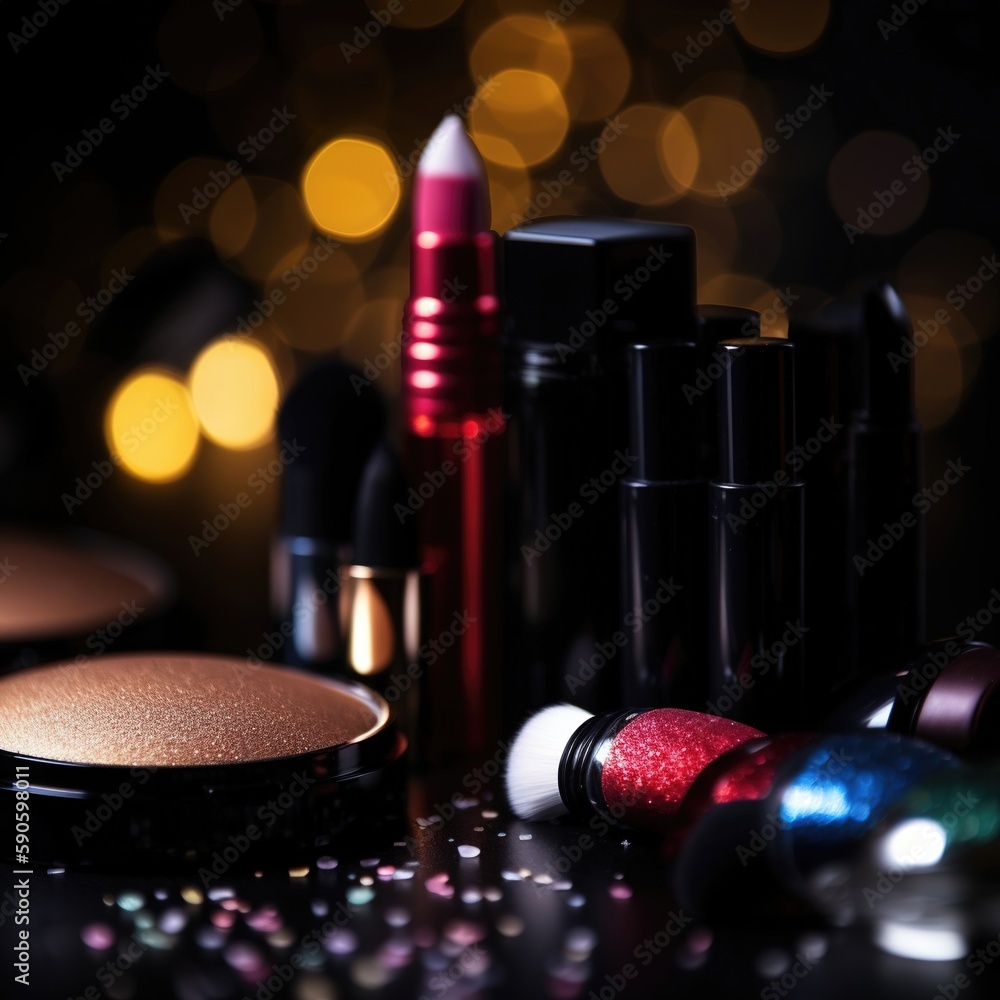 Abstract colorful glittering background with professional make-up products. Luxury beauty industry a