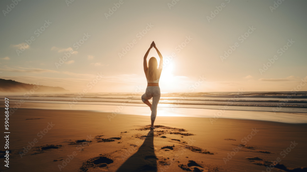 Woman practicing yoga at seashore. Generative AI