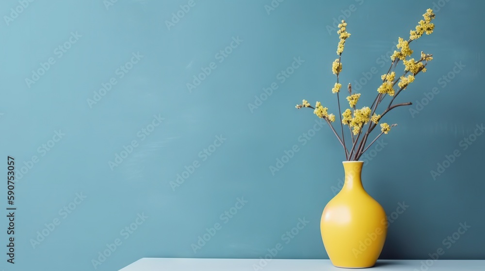 Vase with decorative plant branch against blue wall background. Minimalist interior mockup. Generati