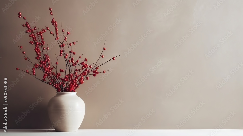 Vase with decorative plant branch against gray wall background. Minimalist interior mockup. Generati