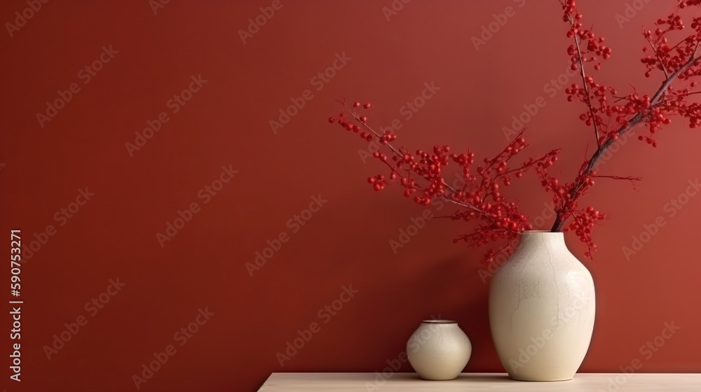 Vase with decorative plant branch against red wall background. Minimalist interior mockup. Generativ