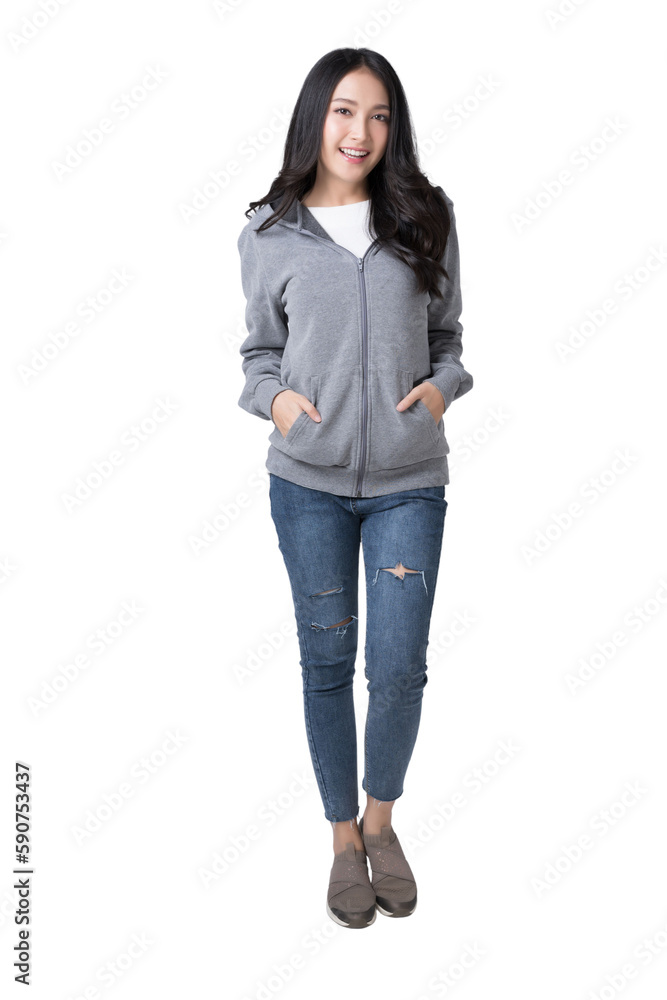 Full length portrait of young beautiful Asian woman in hoodie sweatshirt and blue jeans isolated ove