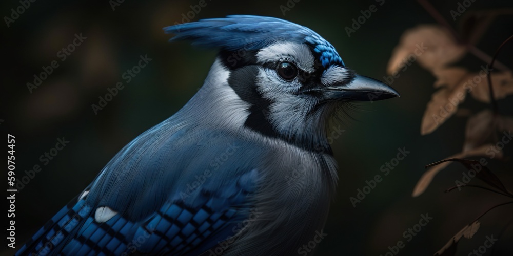 Blue Jay bird closeup with forest background. Generative AI