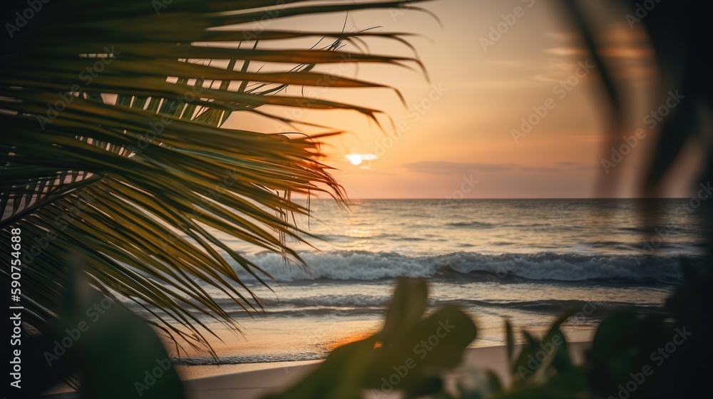 Tropical summer seascape with palm leaves, beach and paradise ocean on sunset. Generative AI