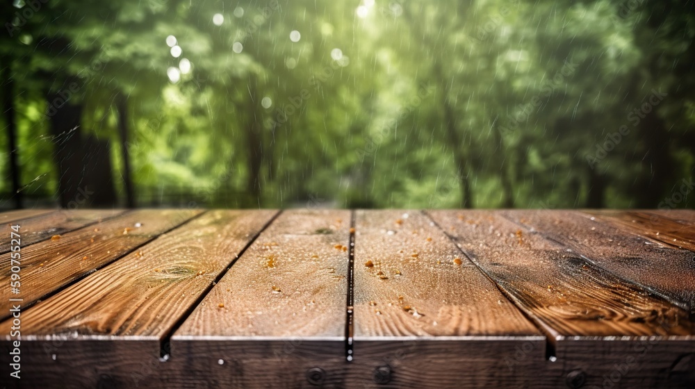 Wood table mockup with summer rain over green landscape. Empty copy space for product presentation. 