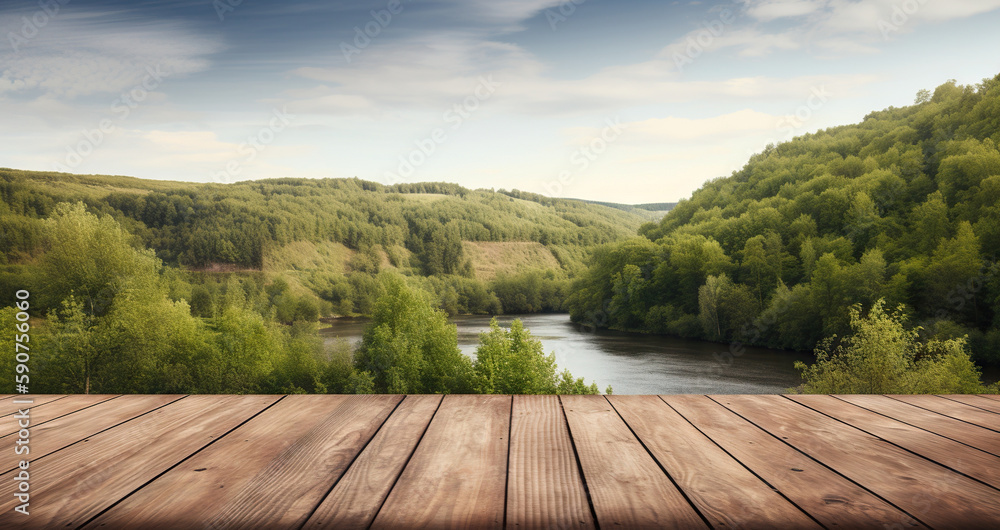 Wood table mockup with river in forest on background. Empty copy space for product presentation. Gen