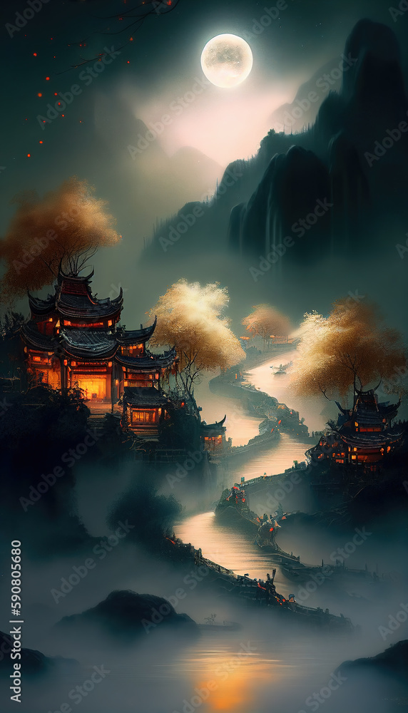 Ancient building and mountain view in traditional oriental minimalist Chinese style ai chinese style