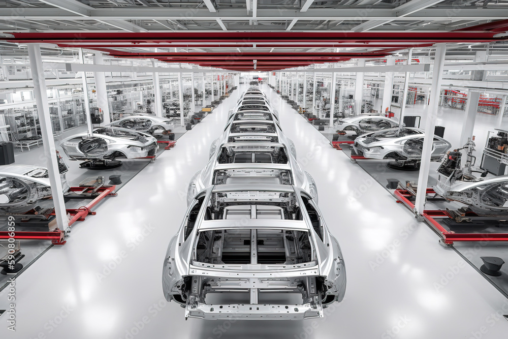 Photo of robots working on an ai generated car assembly line