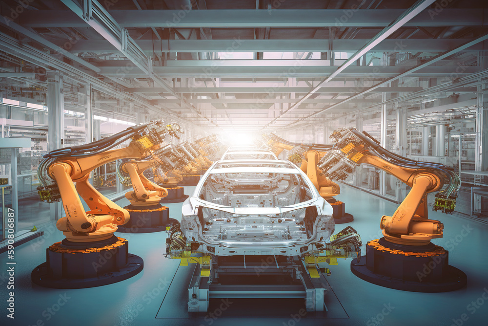 Photo of robots working on an ai generated car assembly line