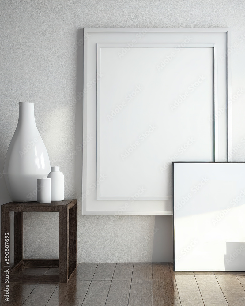 Hanging white blank photo frame generated by artificial intelligence