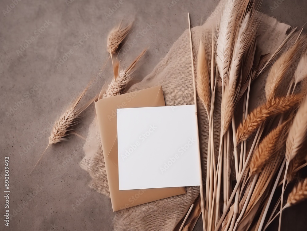 Blank greeting card with wheat ears on rustic background. Mockup for branding identity.