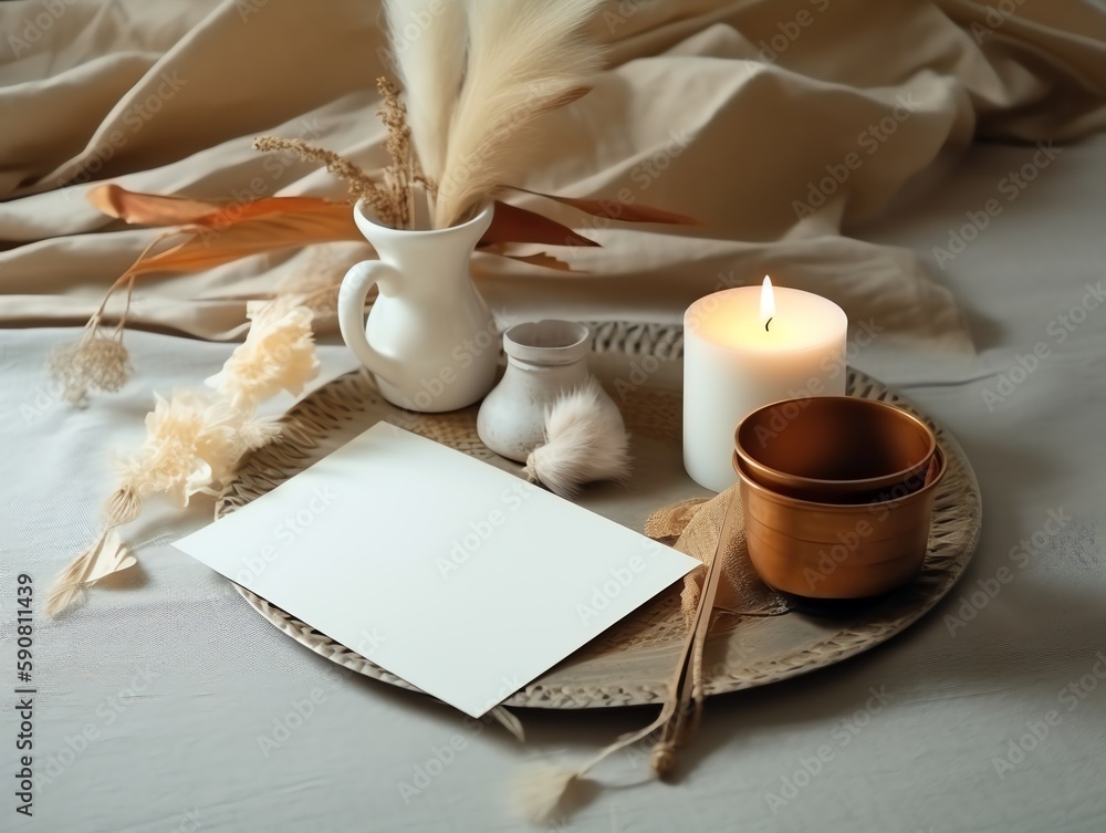 Blank card, candles and dry flowers on bed, soft focus background.