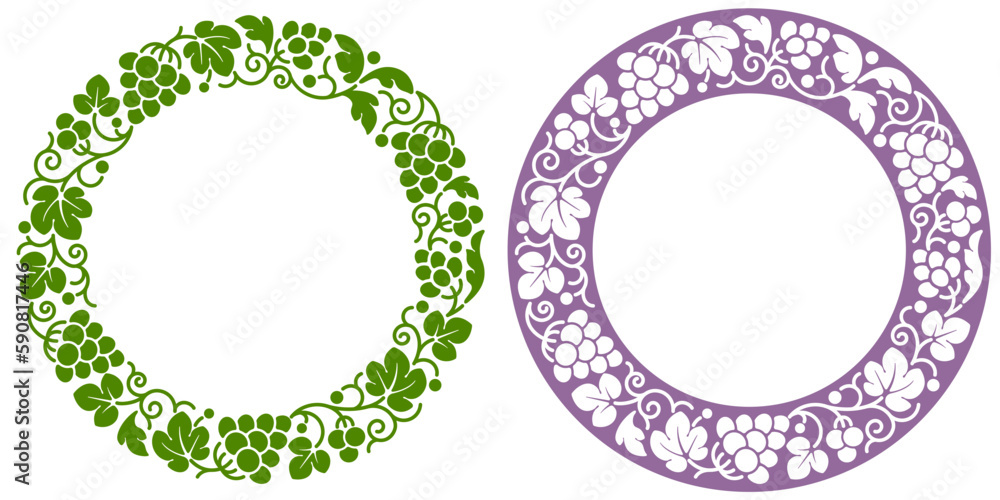 Set of circle frame with patterns of vine, ripe grape and leaves. Seamless pattern, isolated and orn