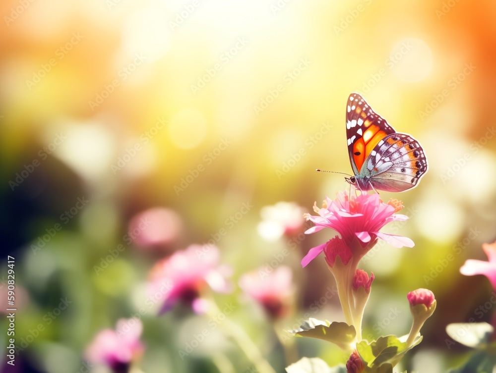 Butterfly on pink flower with bokeh light background.