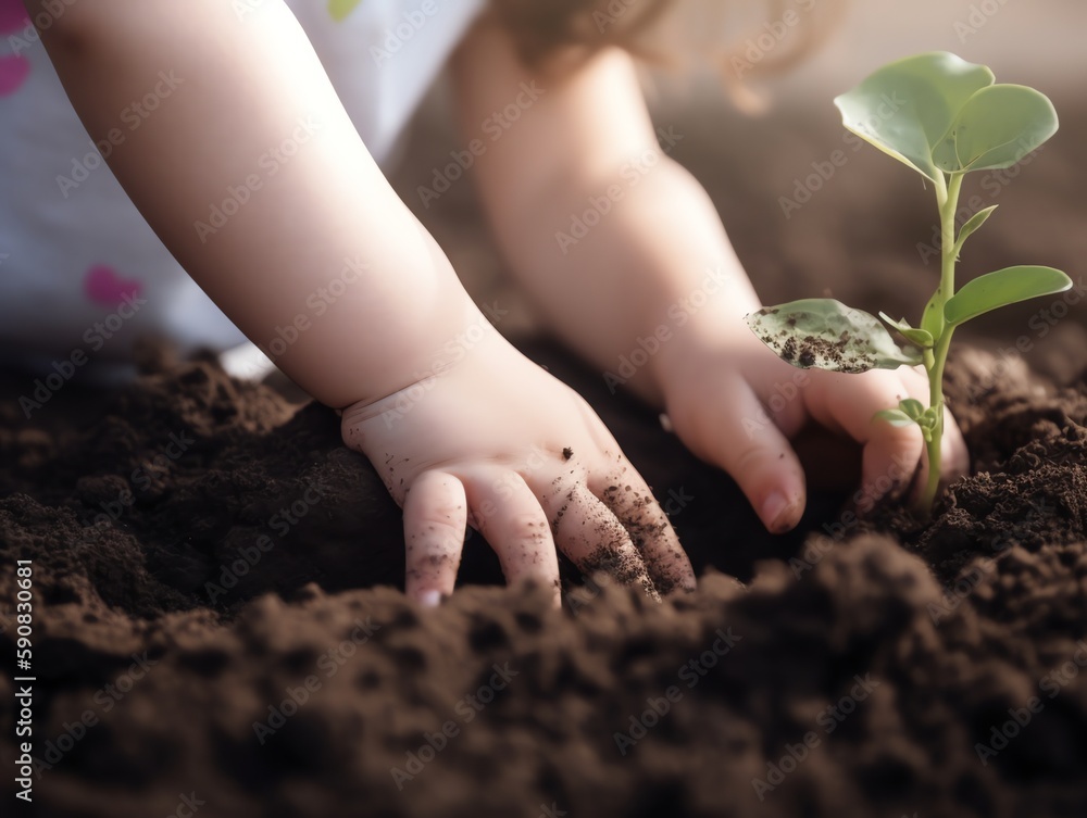 Little girl planting a tree in the soil. Selective focus.