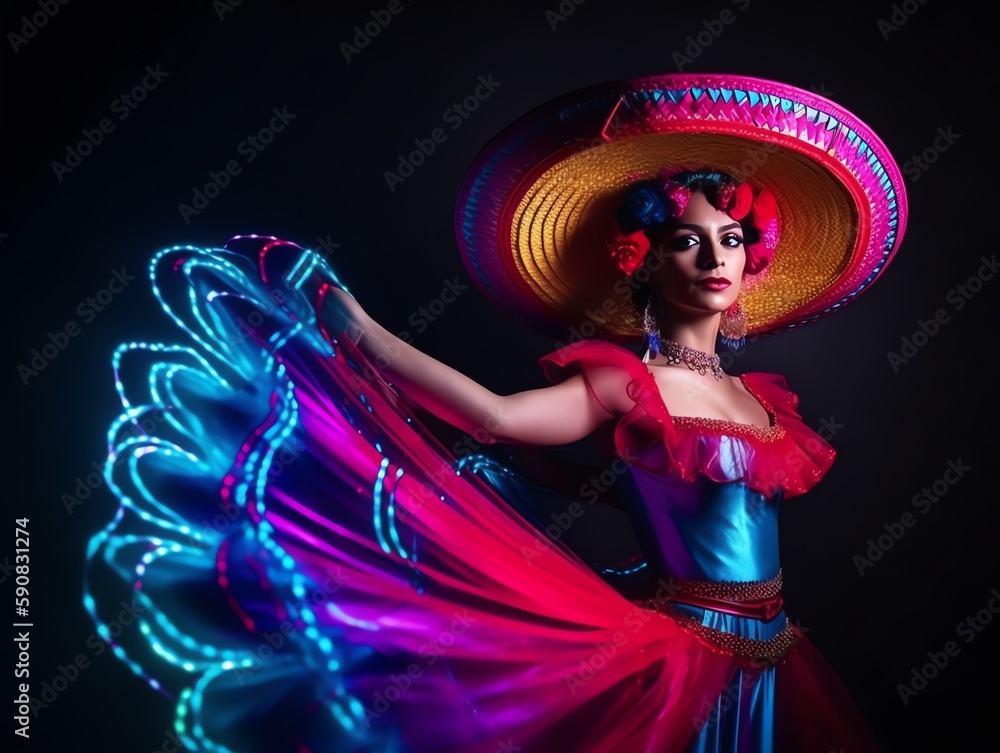 Beautiful young woman in sombrero hat dancing on dark background. Made with Generative AI.