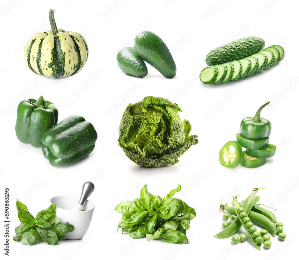 Set of fresh green vegetables on white background