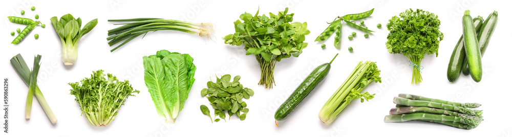 Set of fresh green vegetables on white background