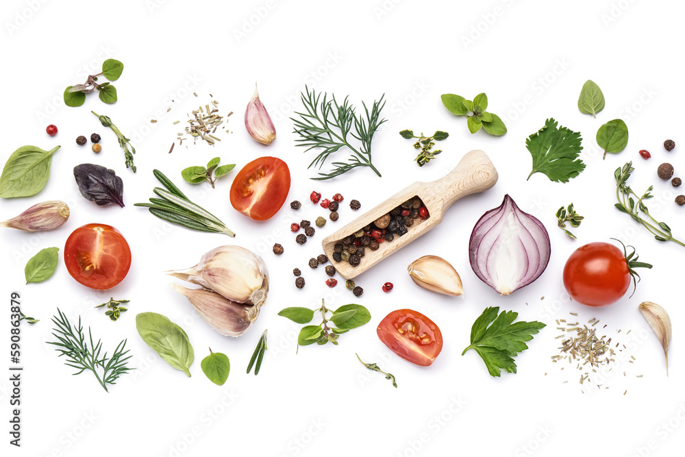 Composition with fresh vegetables, different herbs and spices on white background