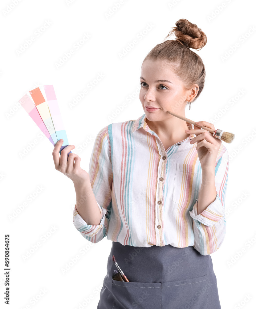 Thoughtful female artist with paint color palettes and brush on white background