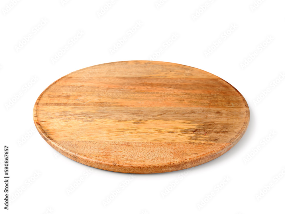 Round wooden kitchen board isolated on white background