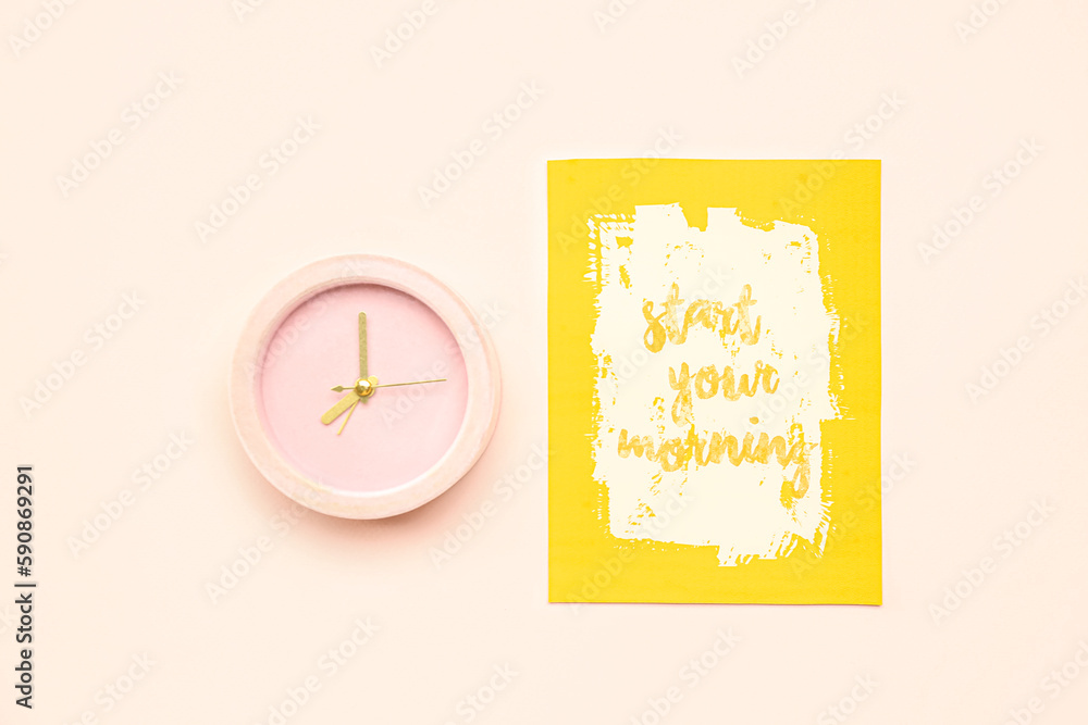 Card with text START YOUR MORNING and alarm clock on color background